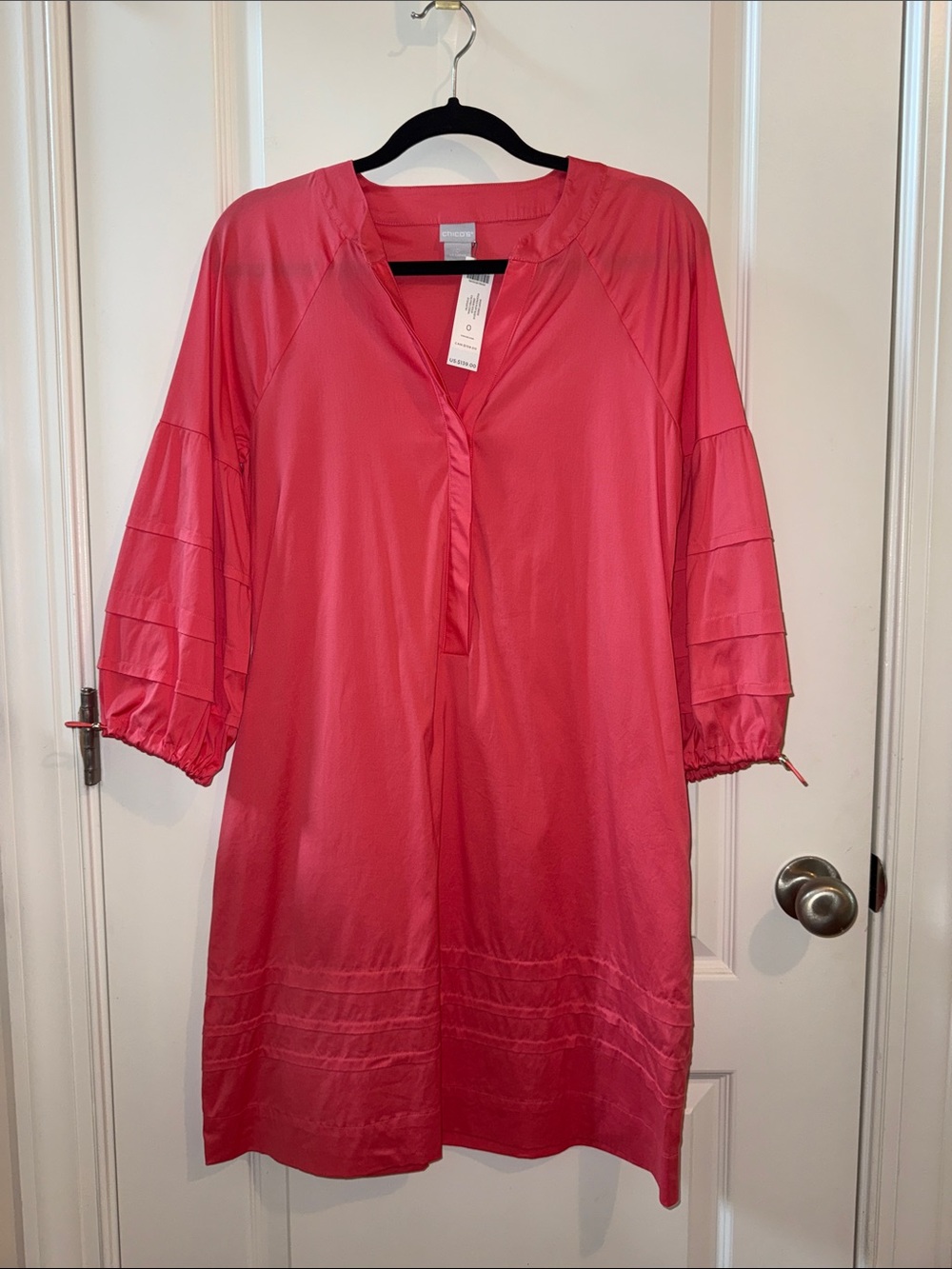 Chico's Calypso Coral/Salmon/Pink/Pinky Pleated Puff Sleeve Short Dress